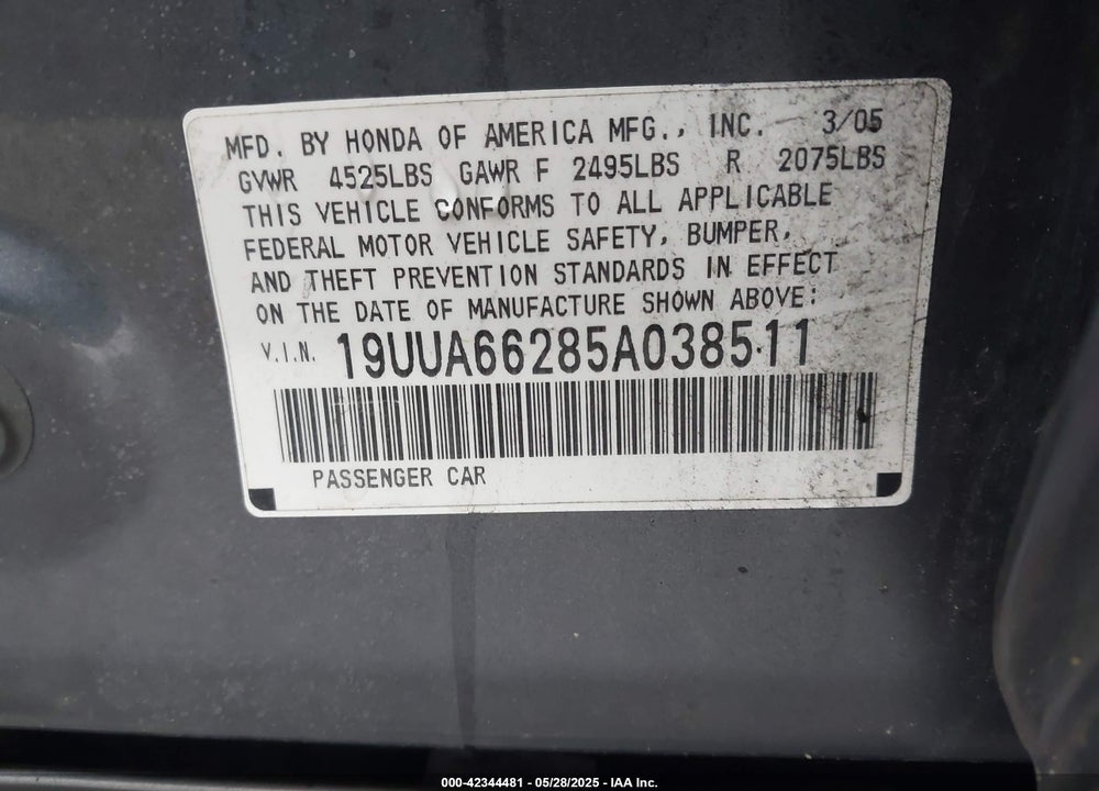 2005 ACURA TL VIN: 19UUA66285A038511