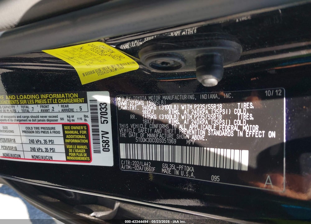 2013 TOYOTA SIENNA LIMITED 7 PASSENGER VIN: 5TDDK3DC0DS051969