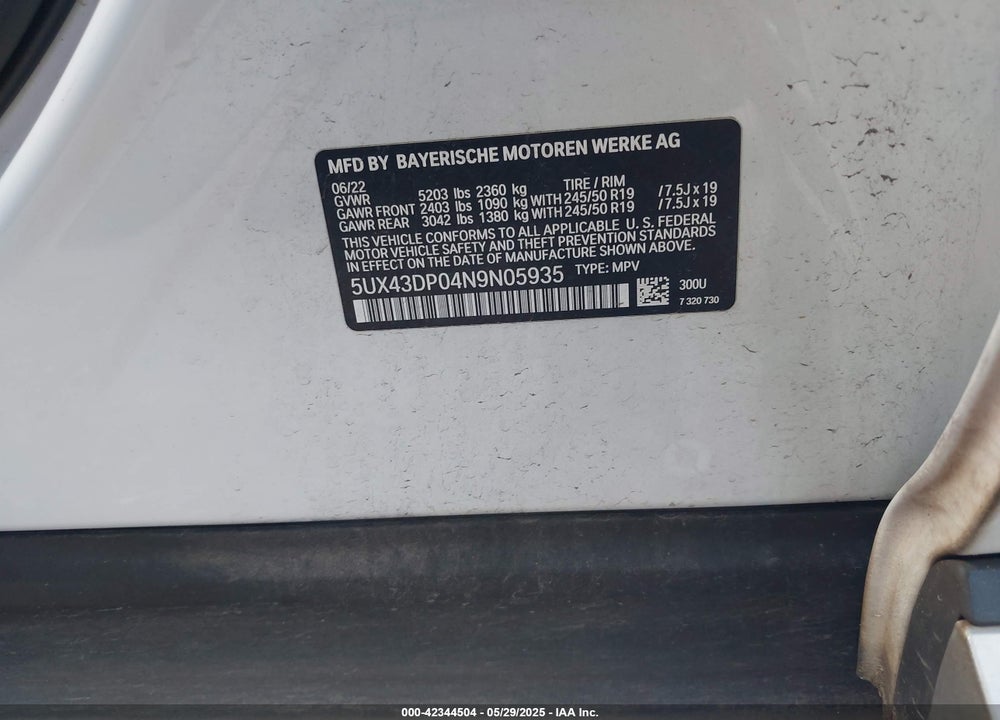 2022 BMW X3 VIN: 5UX43DP04N9N05935
