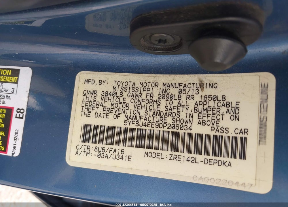 2013 TOYOTA COROLLA VIN: 5YFBU4EE9DP206034