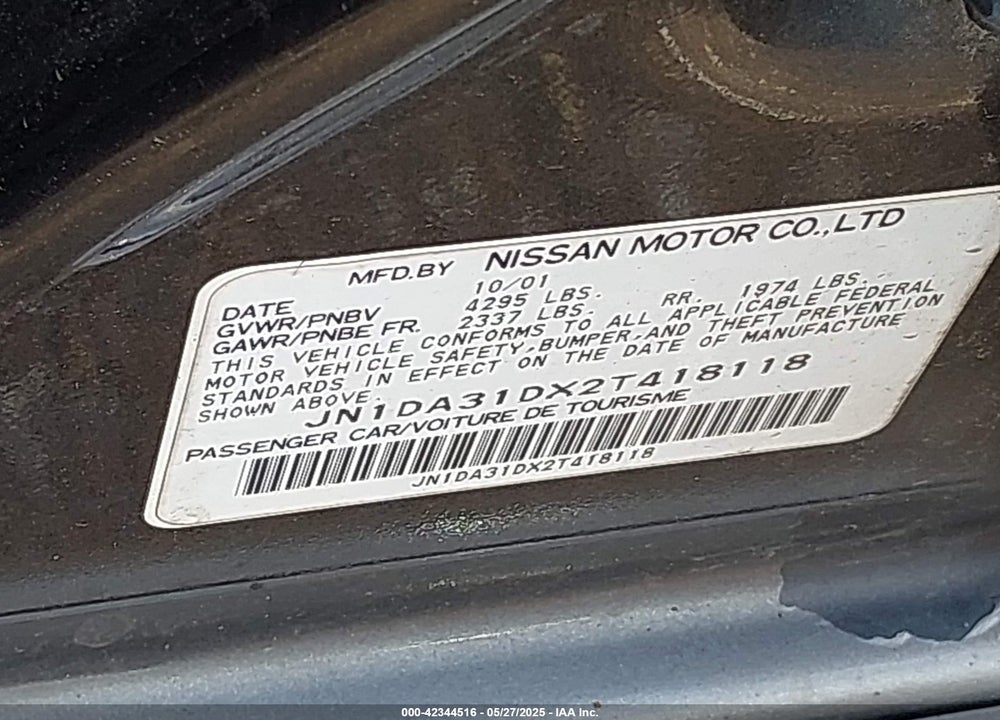 2002 NISSAN MAXIMA SE VIN: JN1DA31DX2T418118
