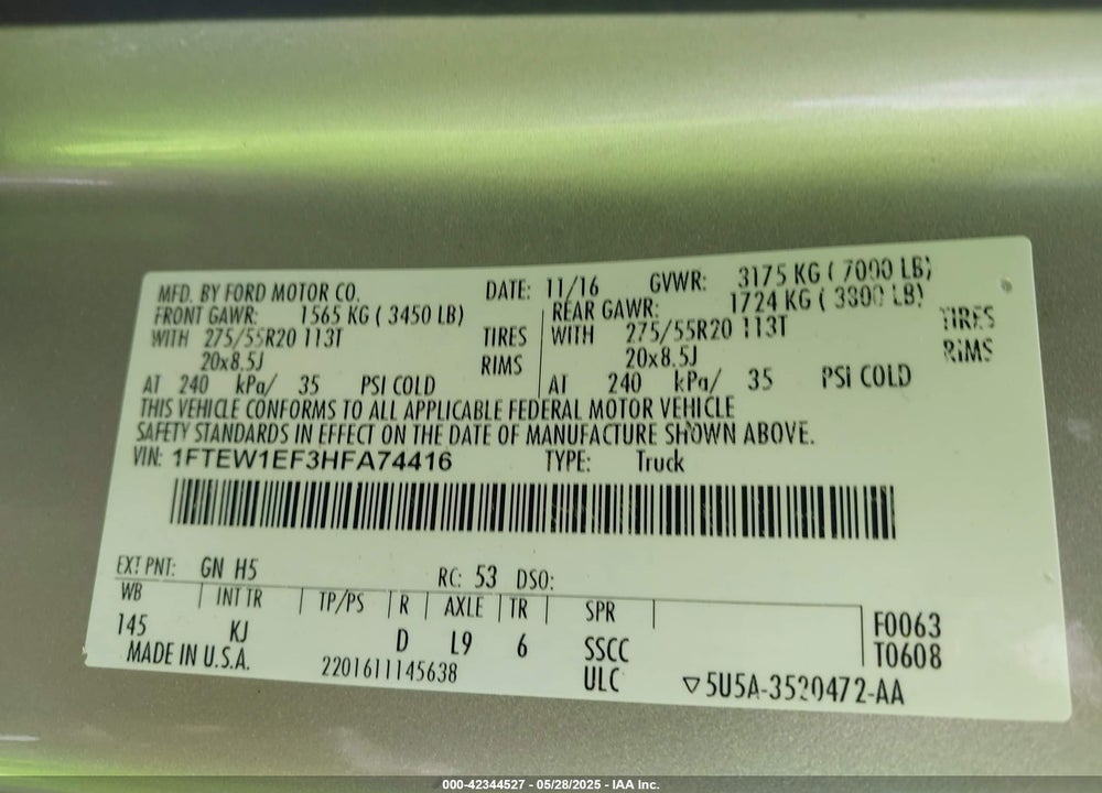 2017 FORD F150 VIN: 1FTEW1EF3HFA74416