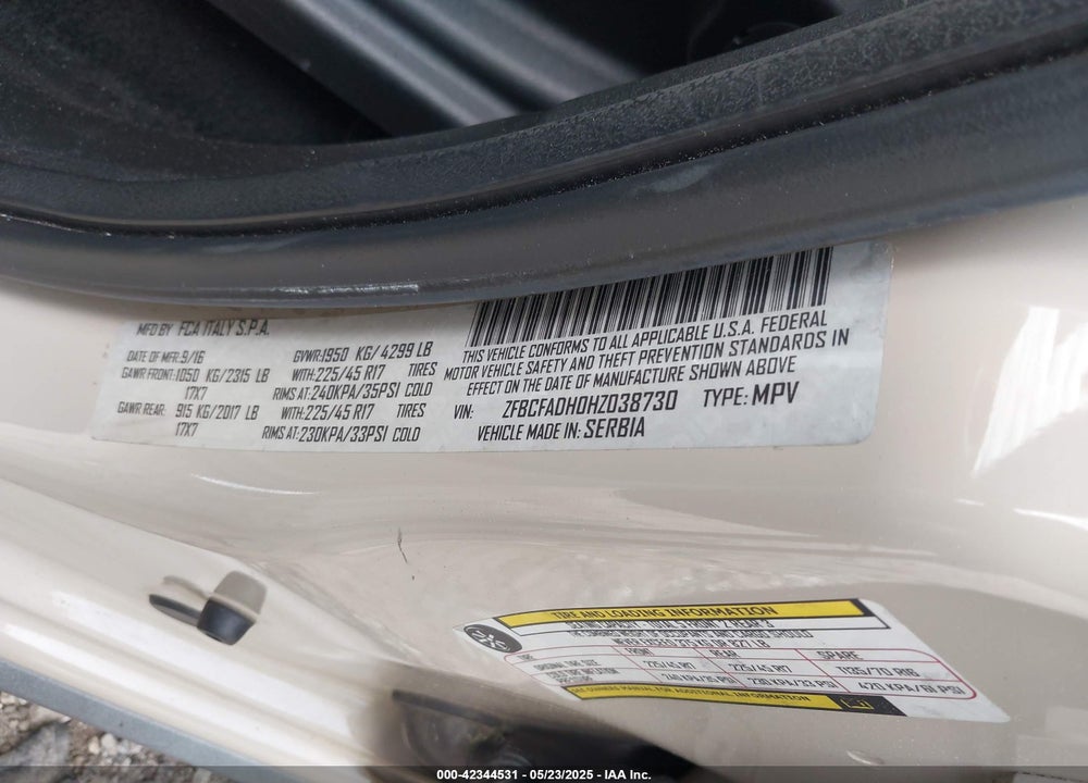 2017 FIAT 500L VIN: ZFBCFADH0HZ038730