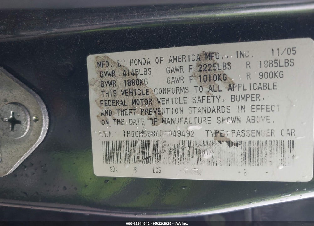 2006 HONDA ACCORD VIN: 1HGCM56846A049492