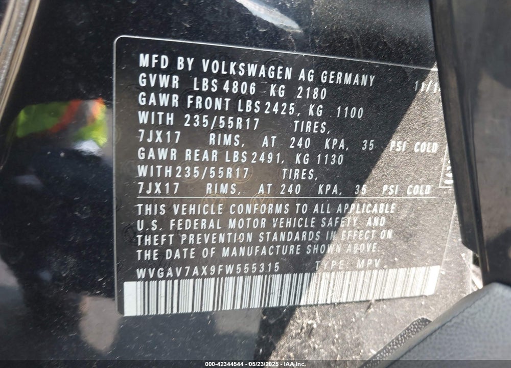 2015 VOLKSWAGEN TIGUAN SE VIN: WVGAV7AX9FW555315