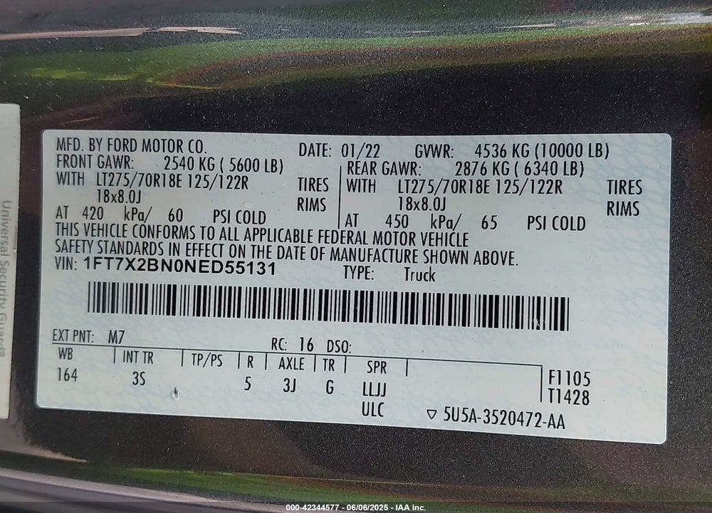 2022 FORD F-250 VIN: 1FT7X2BN0NED55131