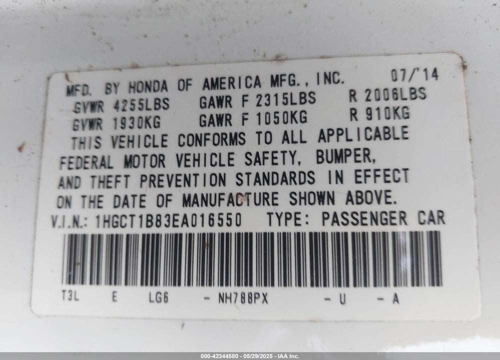 2014 HONDA ACCORD EX-L VIN: 1HGCT1B83EA016550