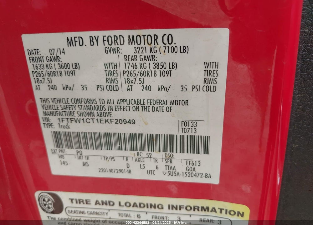 2014 FORD F-150 VIN: 1FTFW1CT1EKF20949