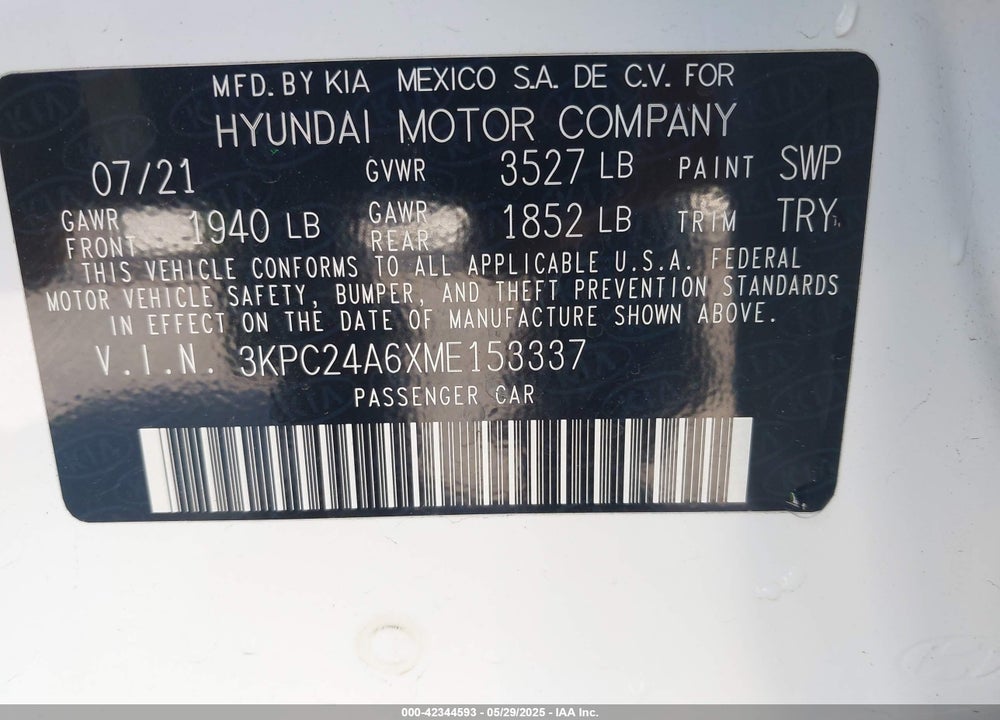 2021 HYUNDAI ACCENT SE VIN: 3KPC24A6XME153337
