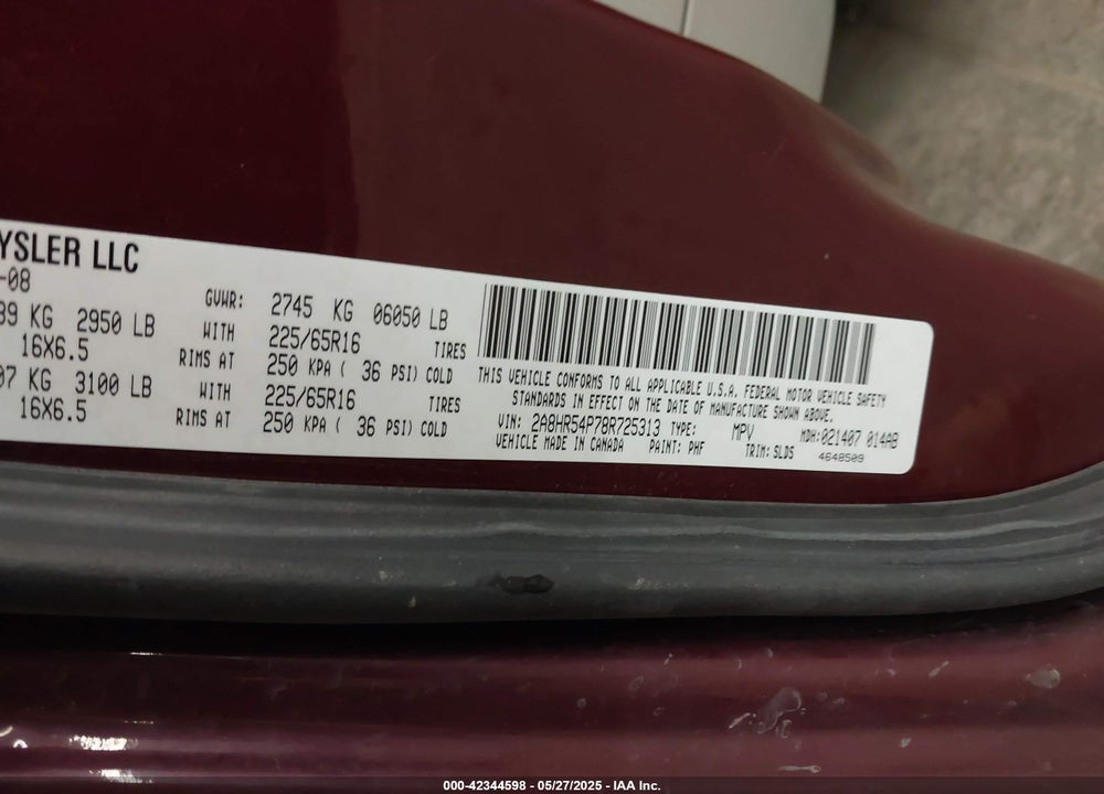 2008 CHRYSLER TOWN & COUNTRY VIN: 2A8HR54P78R725313