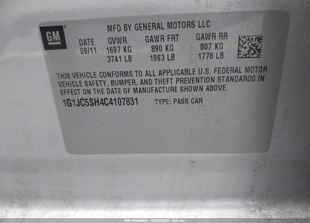 2012 CHEVROLET SONIC VIN: 1G1JC5SH4C4107831