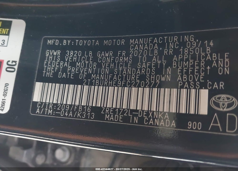 2015 TOYOTA COROLLA VIN: 2T1BURHE9FC270277