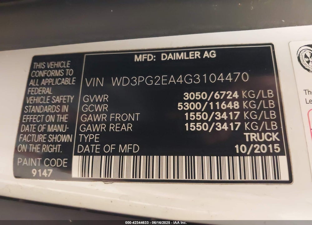 2016 MERCEDES-BENZ METRIS VIN: WD3PG2EA4G3104470