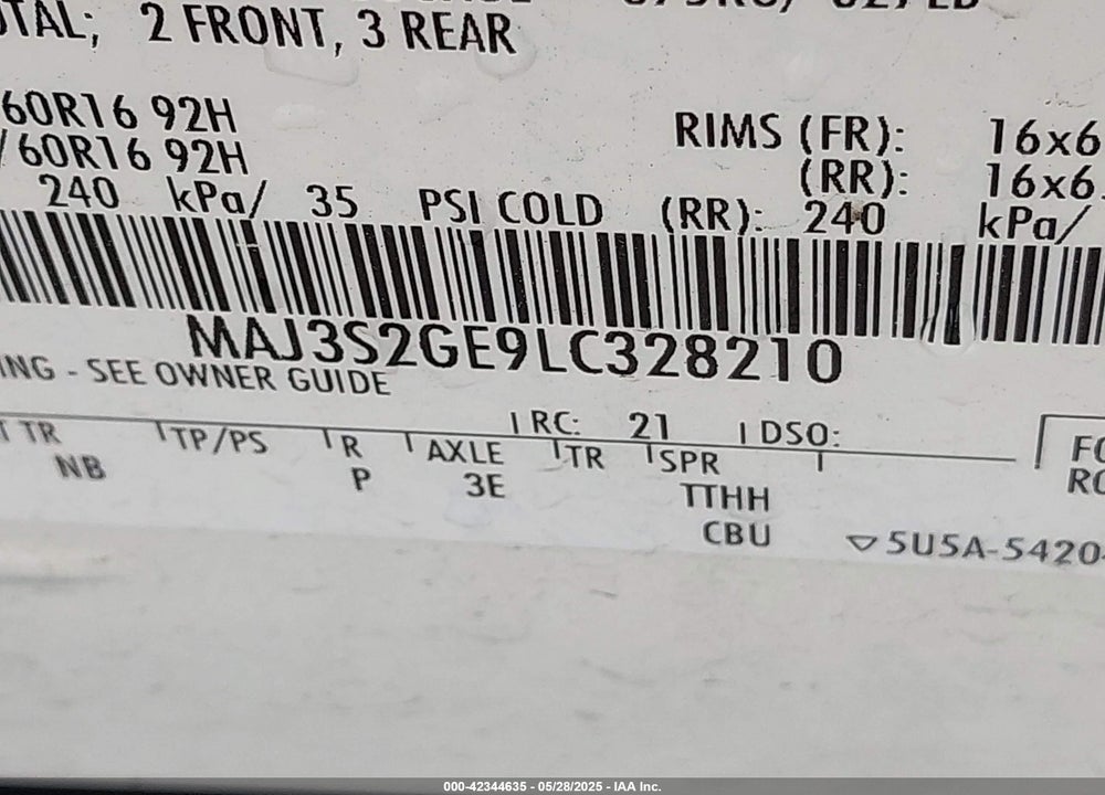 2020 FORD ECOSPORT VIN: MAJ3S2GE9LC328210