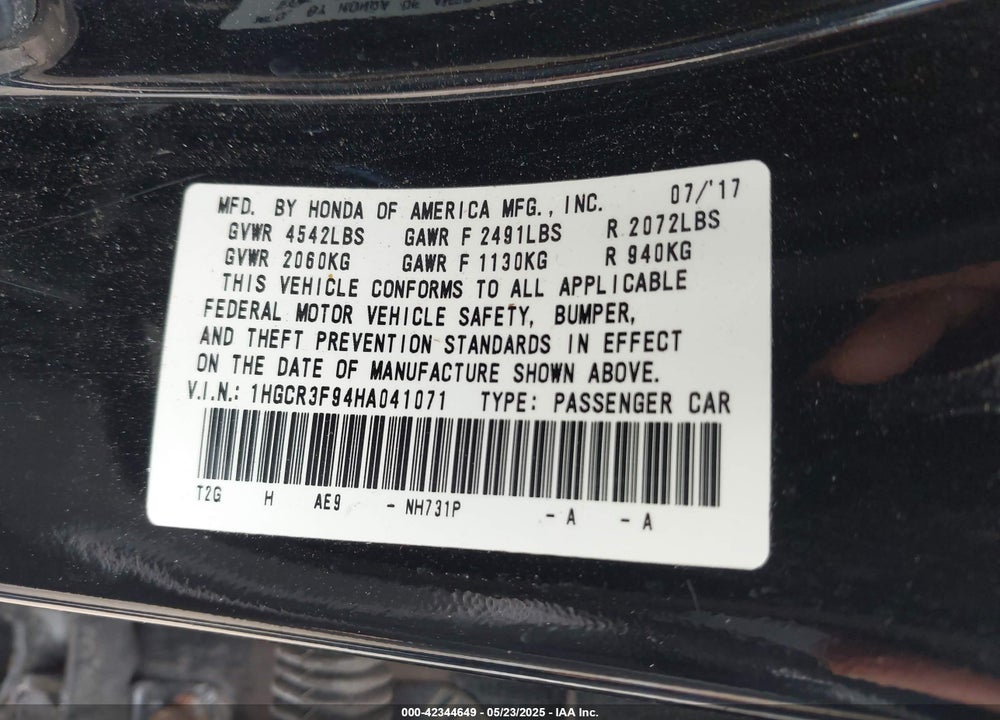 2017 HONDA ACCORD TOURING V6 VIN: 1HGCR3F94HA041071