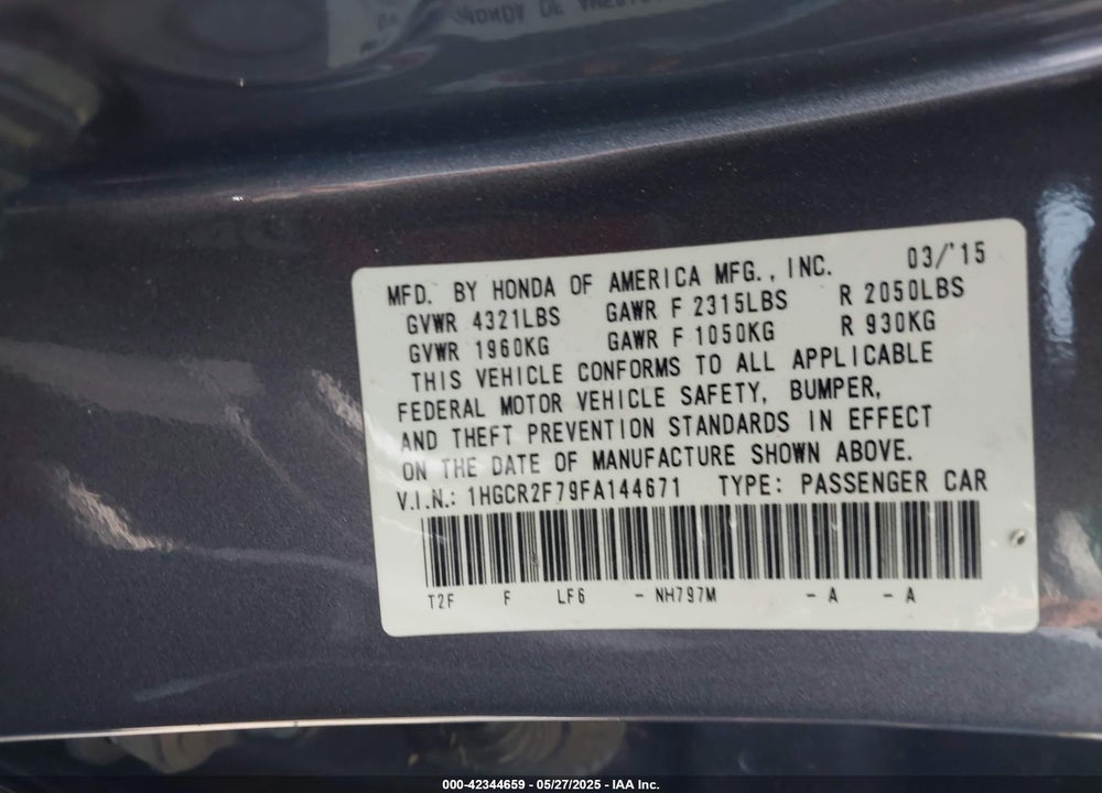 2015 HONDA ACCORD VIN: 1HGCR2F79FA144671