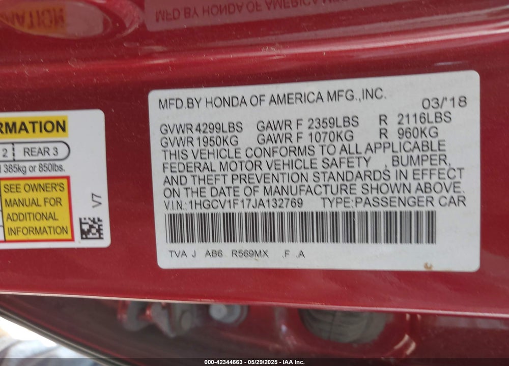 2018 HONDA ACCORD VIN: 1HGCV1F17JA132769