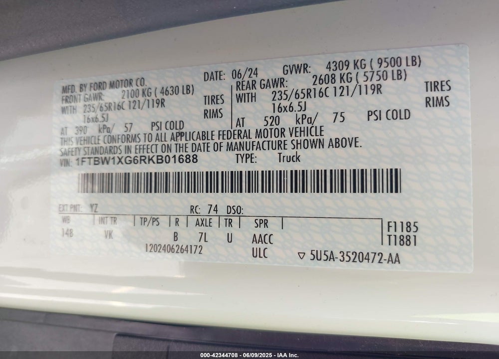 2024 FORD TRANSIT-350 VIN: 1FTBW1XG6RKB01688