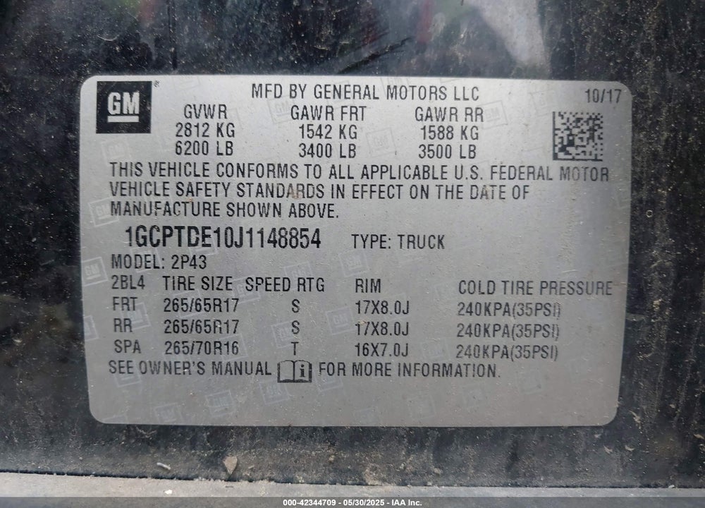 2018 CHEVROLET COLORADO VIN: 1GCPTDE10J1148854