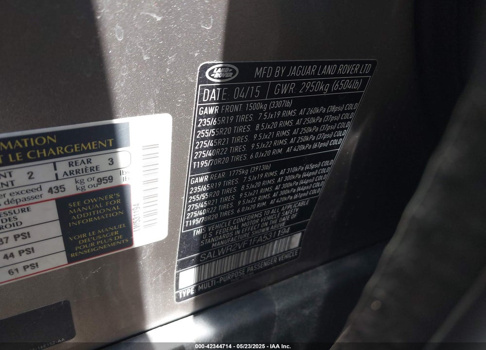 2015 LAND ROVER RANGE ROVER SPORT VIN: SALWR2VF1FA531194