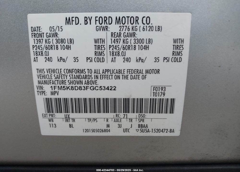 2015 FORD EXPLORER VIN: 1FM5K8D83FGC53422