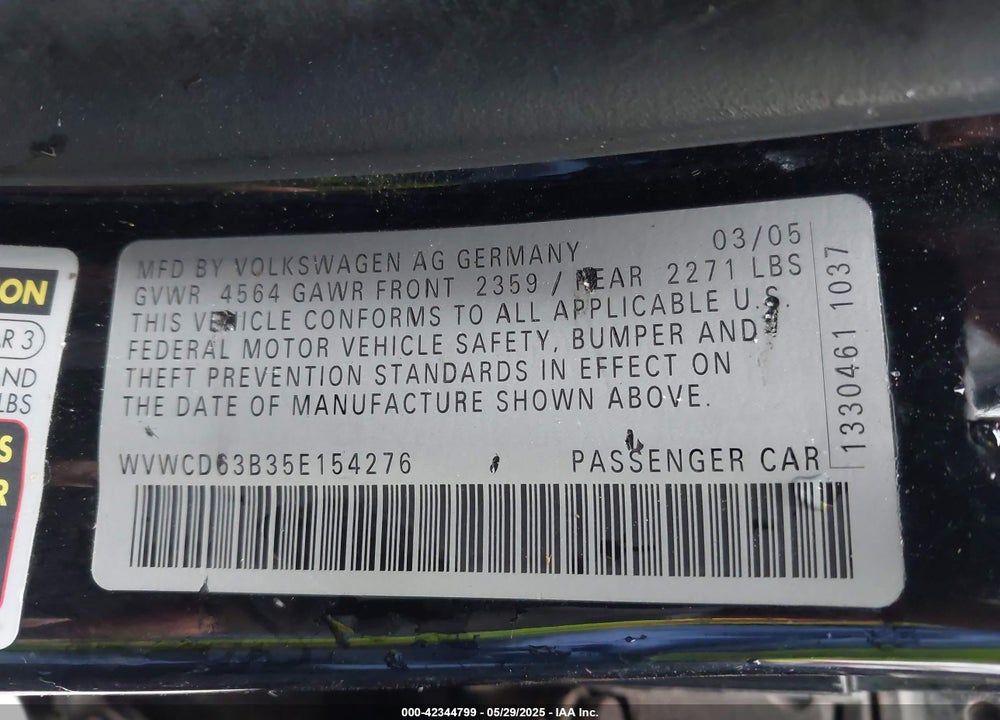 2005 VOLKSWAGEN PASSAT GLS VIN: WVWCD63B35E154276