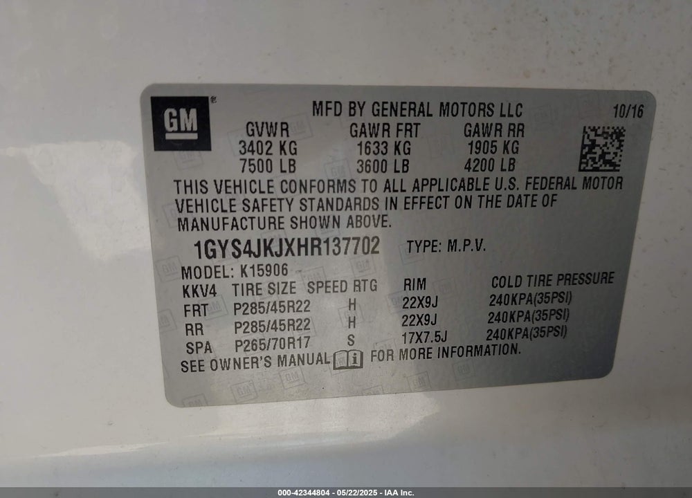 2017 CADILLAC ESCALADE ESV VIN: 1GYS4JKJXHR137702