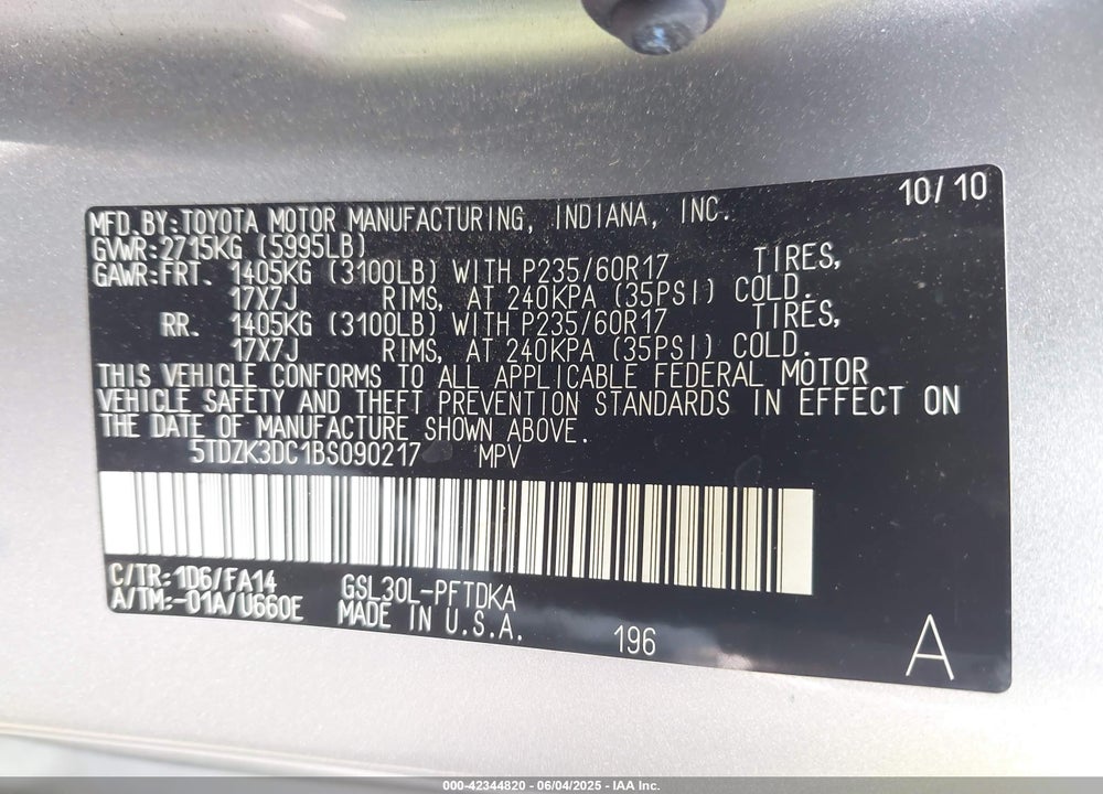 2011 TOYOTA SIENNA BASE V6 VIN: 5TDZK3DC1BS090217
