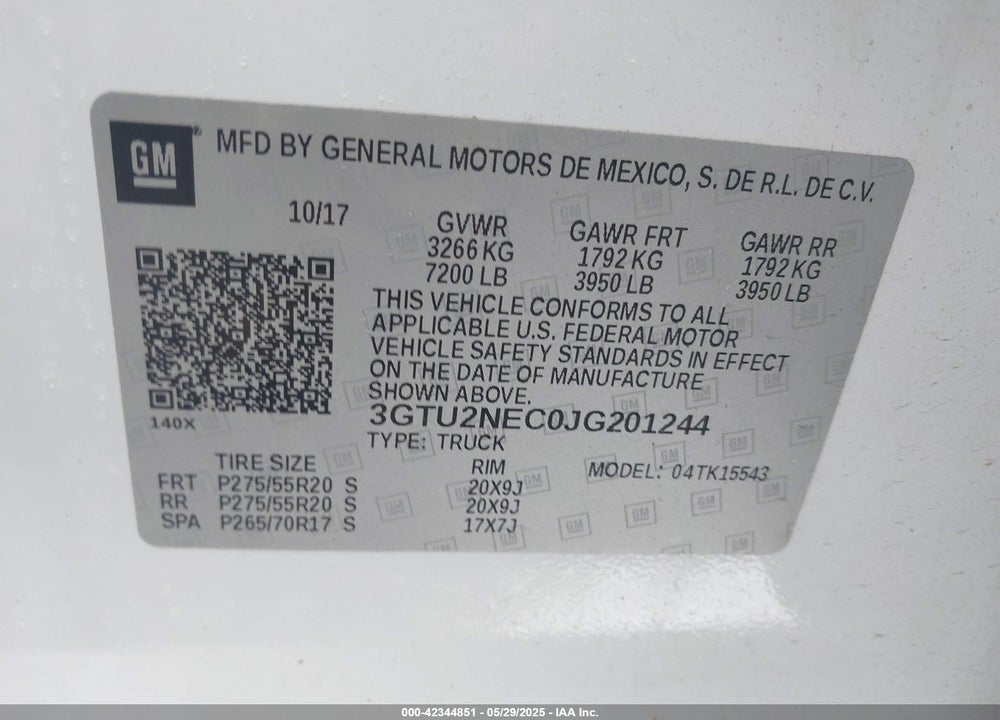 2018 GMC SIERRA 1500 VIN: 3GTU2NEC0JG201244