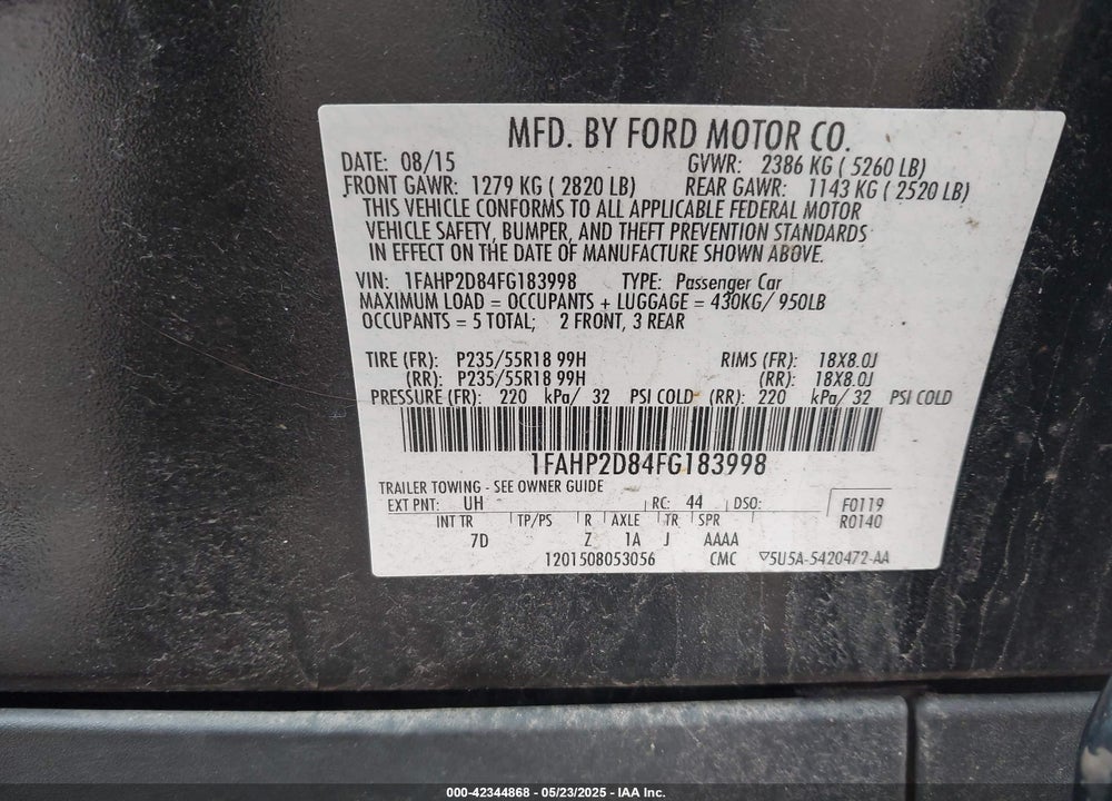 2015 FORD TAURUS SE VIN: 1FAHP2D84FG183998