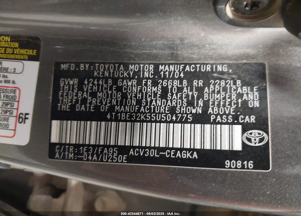2005 TOYOTA CAMRY LE/SE/STD/XLE VIN: 4T1BE32K55U504775