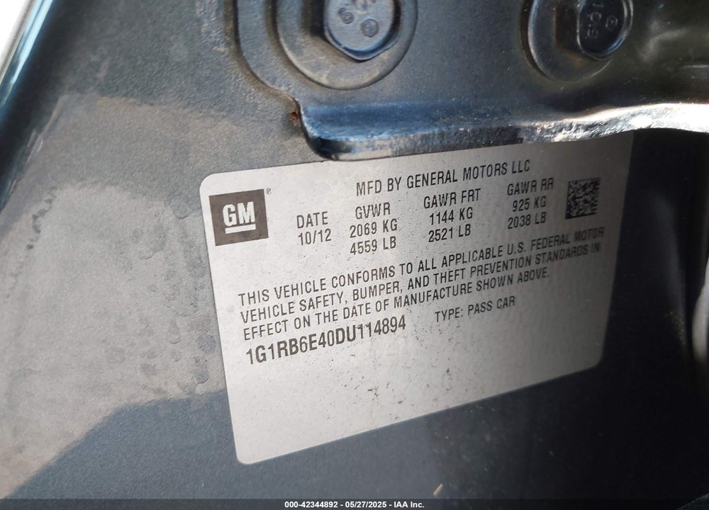 2013 CHEVROLET VOLT VIN: 1G1RB6E40DU114894
