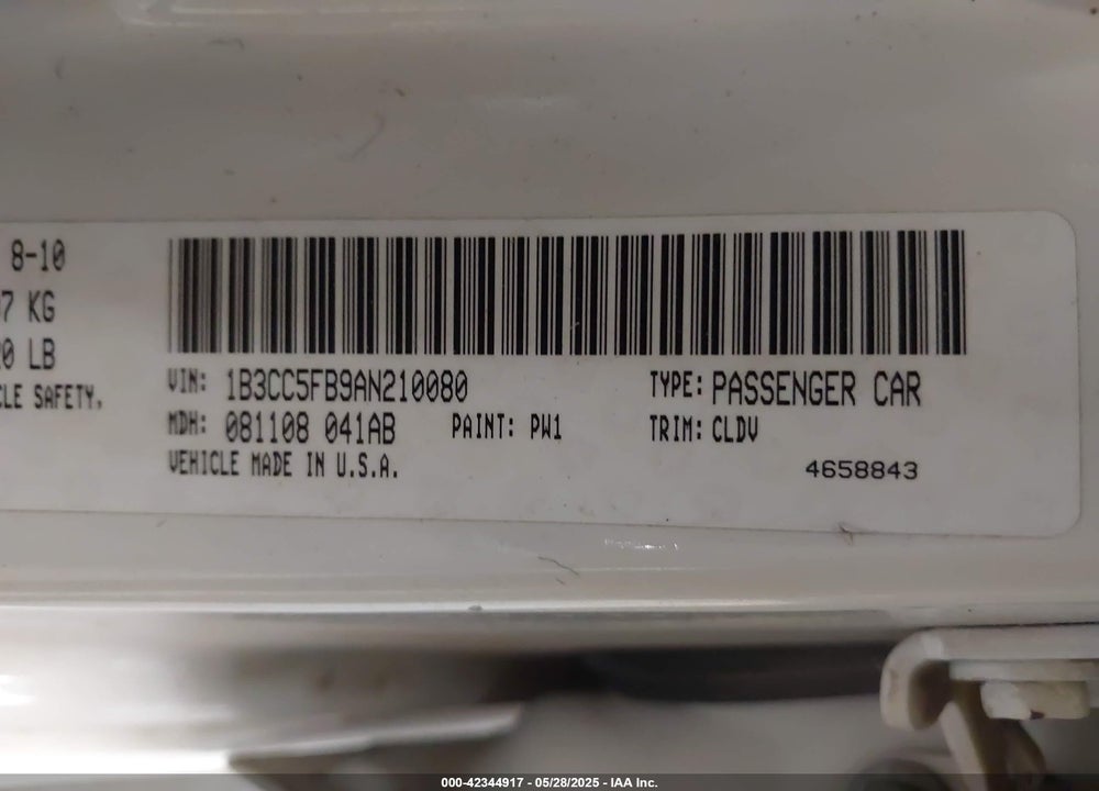 2010 DODGE AVENGER R/T VIN: 1B3CC5FB9AN210080