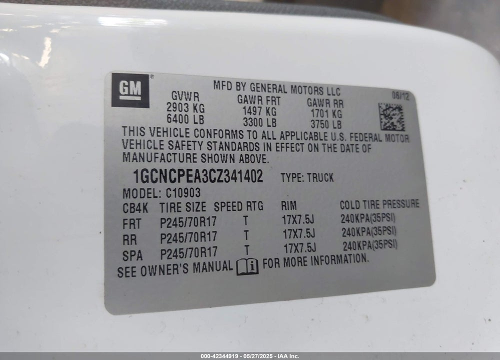 2012 CHEVROLET SILVERADO 1500 VIN: 1GCNCPEA3CZ341402