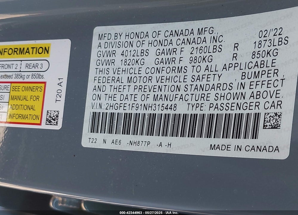 2022 HONDA CIVIC VIN: 2HGFE1F91NH315448