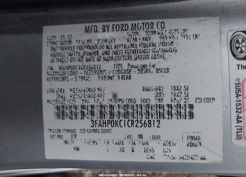 2012 FORD FUSION VIN: 3FAHP0KC1CR256812