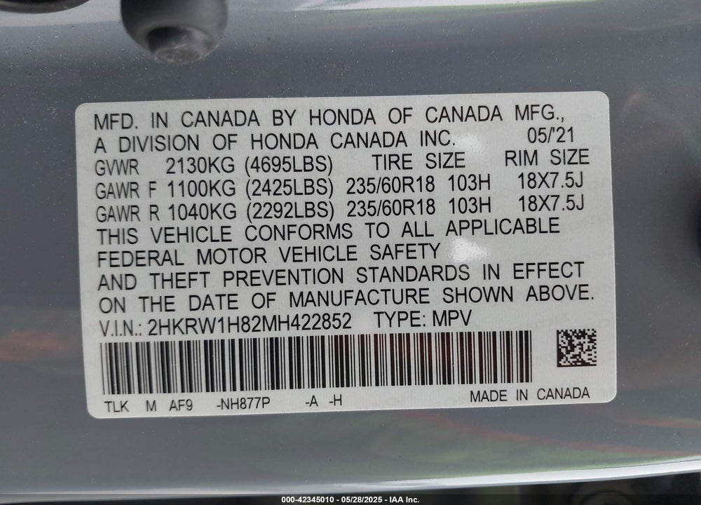 2021 HONDA CR-V VIN: 2HKRW1H82MH422852