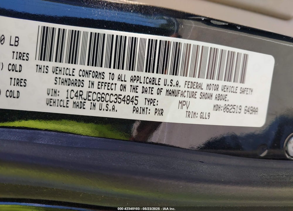 2012 JEEP GRAND CHEROKEE VIN: 1C4RJECG6CC354845