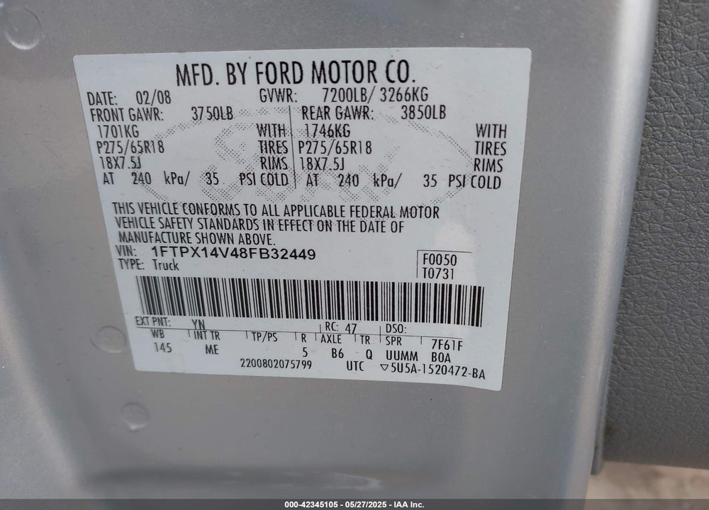 2008 FORD F150 VIN: 1FTPX14V48FB32449