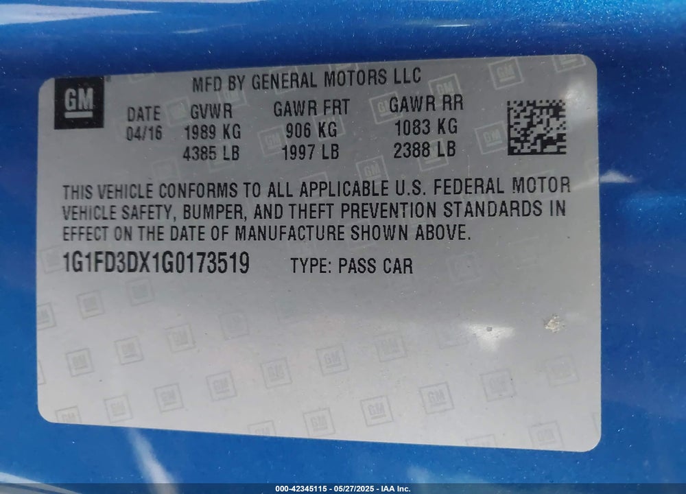 2016 CHEVROLET CAMARO VIN: 1G1FD3DX1G0173519