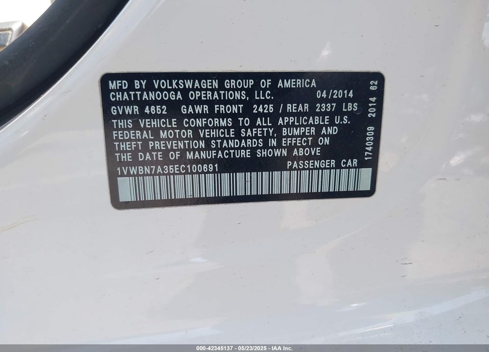 2014 VOLKSWAGEN PASSAT VIN: 1VWBN7A35EC100691