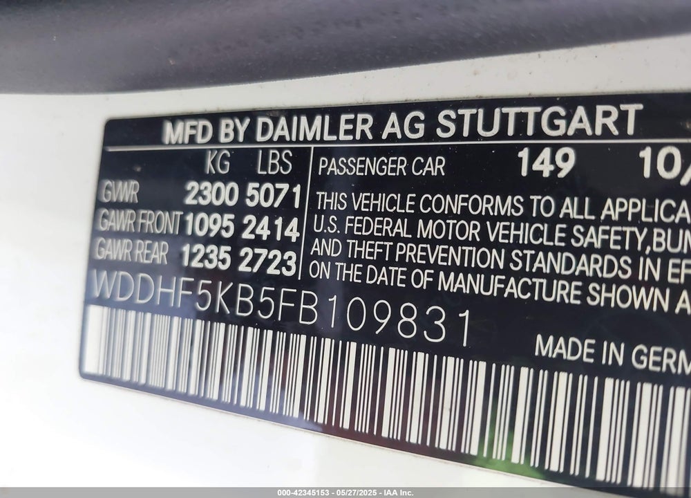 2015 MERCEDES-BENZ E 350 VIN: WDDHF5KB5FB109831
