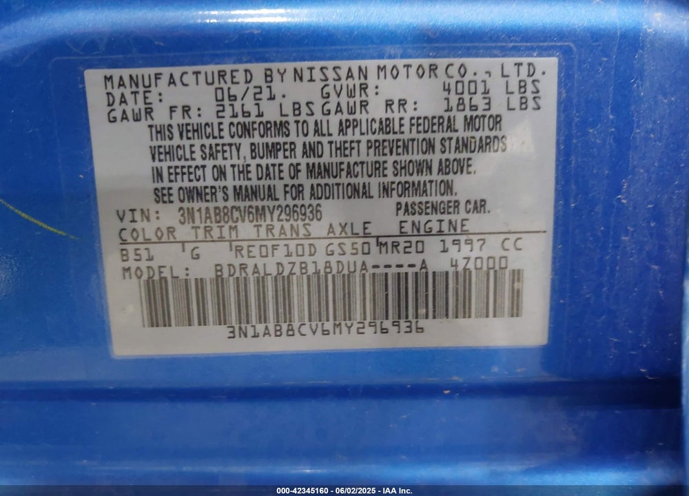 2021 NISSAN SENTRA SV XTRONIC CVT VIN: 3N1AB8CV6MY296936