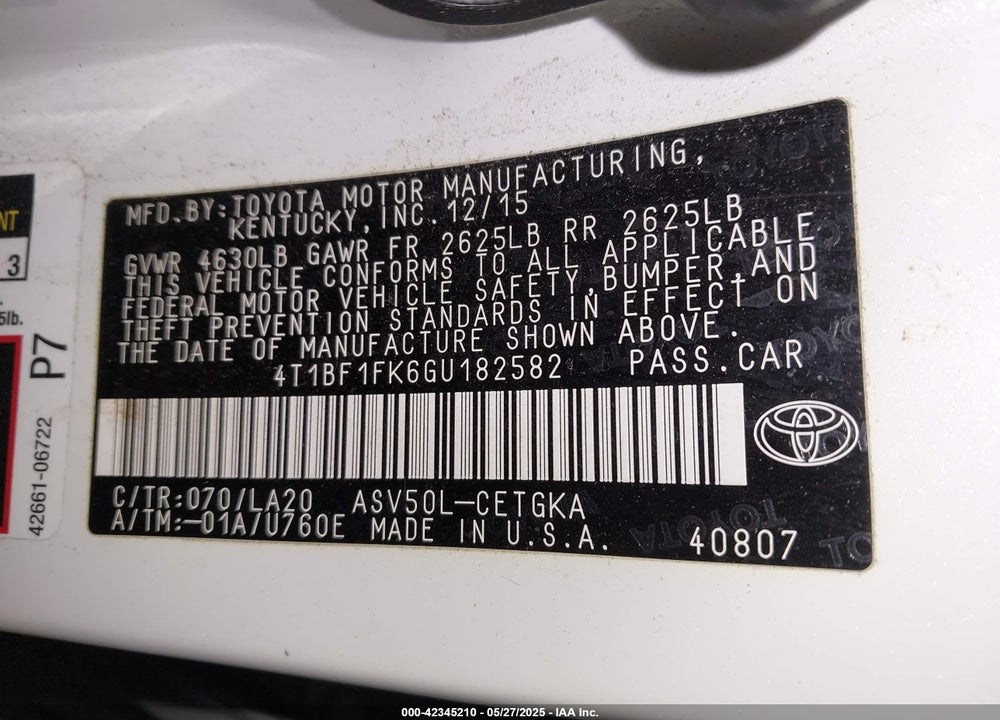 2016 TOYOTA CAMRY VIN: 4T1BF1FK6GU182582