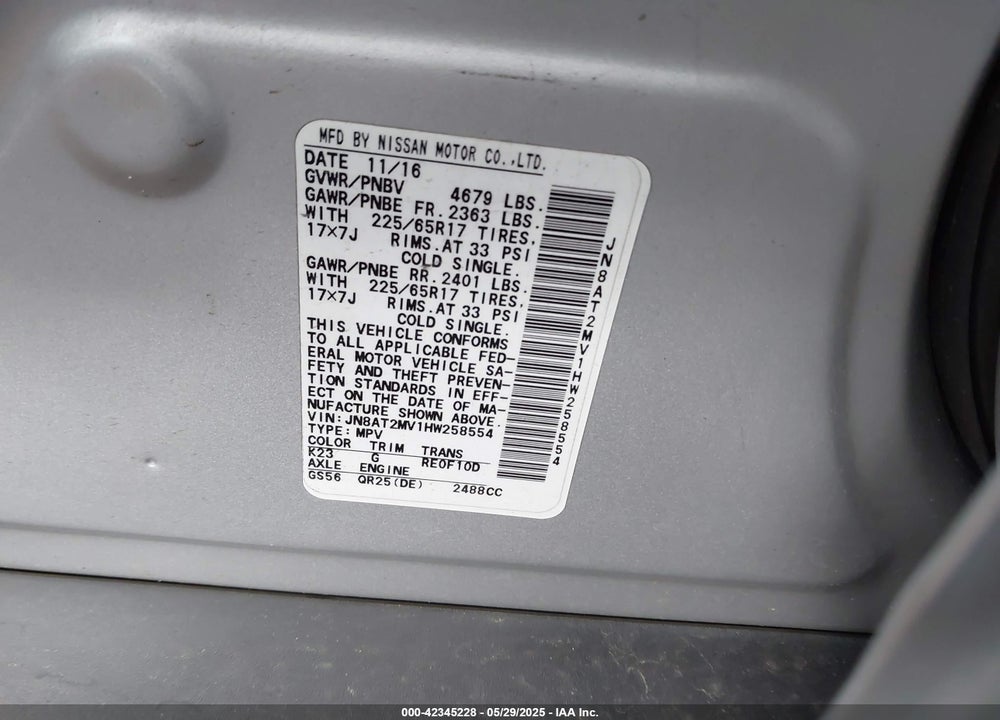2017 NISSAN ROGUE VIN: JN8AT2MV1HW258554