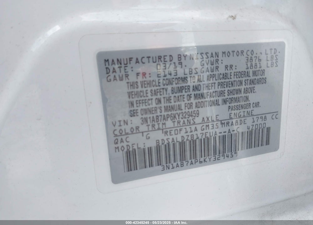 2019 NISSAN SENTRA VIN: 3N1AB7AP6KY329459