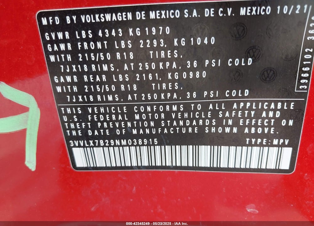 2022 VOLKSWAGEN TAOS VIN: 3VVLX7B29NM038915
