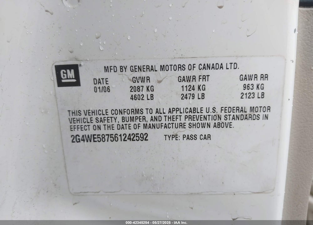 2006 BUICK LACROSSE VIN: 2G4WE587561242592