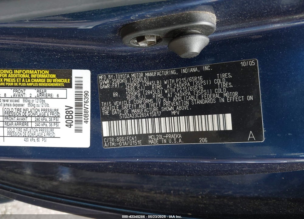 2006 TOYOTA SIENNA CE/LE VIN: 5TDZA23C26S415817