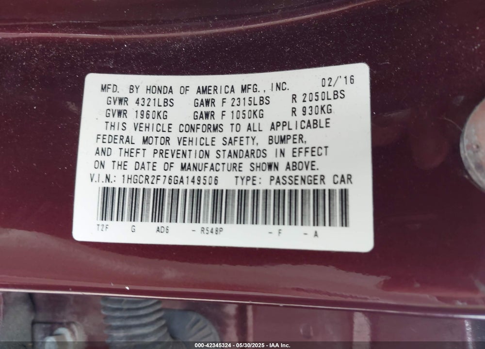 2016 HONDA ACCORD VIN: 1HGCR2F76GA149506